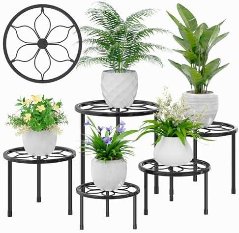 VECELO Metal Plant Stands Set of 5, Multiple Heavy Duty Flower Pot Stand, Round Plant Holder, Black