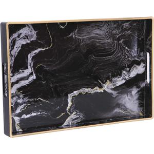 Decorative Tray, Marbling Plastic Tray with Handles, Rectangular Vanity Tray and Serving Tray for Bathroom, Kitchen, Ottoman and Coffee Table, 15.6 x 10.2, Black