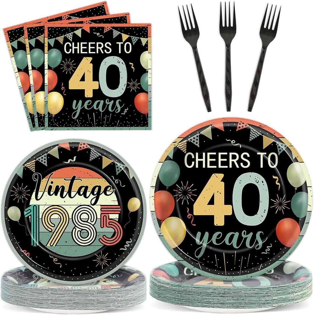 96Pcs Vintage 40th Birthday Plates and Napkins Back in 1985 Theme Party Decorations Supplies Cheers to 40 Years Disposable Tableware Set for Women Men 40th Birthday Party Favor Serve 24