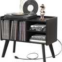 Forevich Record Player Stand Table with Vinyl Storage Holder Large Turntable Record Stand with Power Outlet Holds Up to 220 Albums Display Shelf Cabinet with Wood Legs for Living Room Black