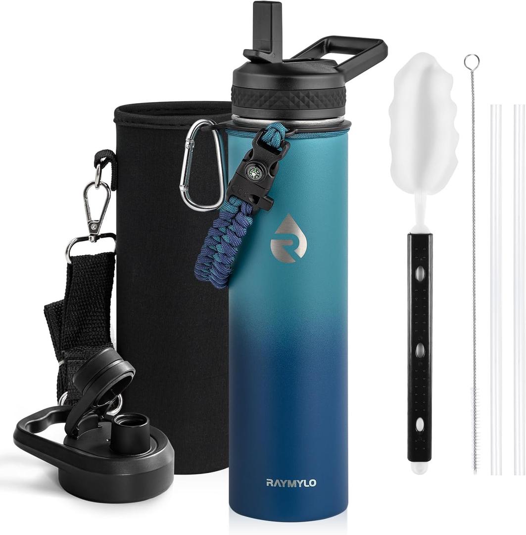 RAYMYLO Insulated Water Bottle 24oz, Triple Wall Vacuum Stainless Steel (Cold for 24Hrs, Hot for 12Hrs), Leak Proof & Non-BPA, 24oz Hydro Water Flask with Paracord Handle & Straw Spout Lids (Cyan Blue)