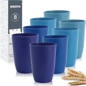 Wrova Wheat Straw Cups 16oz set of 8 - Alternative Plastic Cups Dishwasher Safe - Plastic Drinking Cups Unbreakable for Kids - Ocean Series