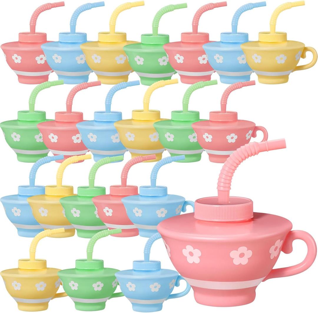 Zhehao 24 Pieces Plastic Kids Tea Cups with Lids and Straws for Tea Party, 9 oz Reusable Creative Party Cups Bulk for Birthday Baby Shower Princess Supplies