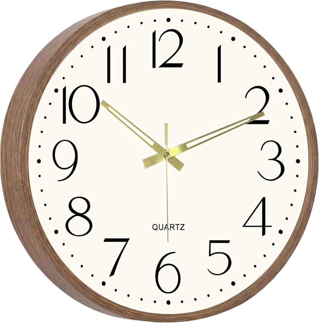 Vintage Wall Clock 14 Inch Quartz Silent Non-Ticking Analog Clock Battery Operated Rustic Round Decorative Clock for Living Room Kitchen Home Office Classroom (Brown Wood Grain)