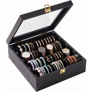 Wenqik Bracelet Display Holder Organizer with 4 Rods, Wooden Bracelet Box with Clear Lid, Jewelry Storage Case for Women Retail Bangle Watches Jewelry Stores, Black Lining