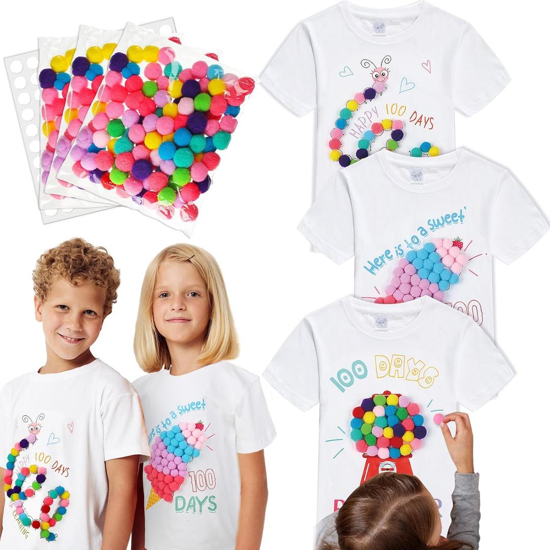 Hoolerry 3 Pcs 100th Day of School DIY Shirt Kit Gumball Machine DIY T Shirt with Pom Poms Balls Double Sided Dot Stickers for Kids DIY Art Creative School 100 Days Party (5/7) As Shows
