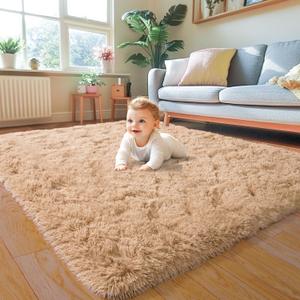 KING DARE Beige Rug for Bedroom 4x6, Fluffy Shaggy Washable Floor Area Rug, Fuzzy Furry Non-Slip Soft Plush Carpet for Living Room Playroom Kids Room Modern Aesthetic Decor
