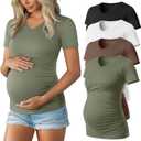 Huukeay 4 Pack Women's Maternity Shirts, V Neck Maternity Top Short Sleeve Casual Cotton Tee Side Ruched Pregnancy Clothes (Black, White, Coffee, Army Green)
