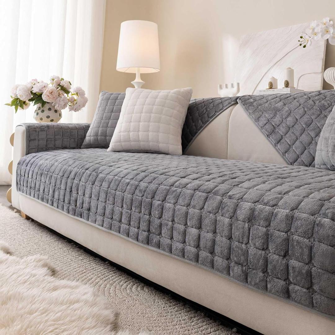Velvet Washable Couch Cover for Pets Dogs, Non Slip Sectional Sofa Covers for 3 Cushion Couch Sofa L Sharped Sofa Arm Slipcover, Furniture Protector Covers(1 PCS 27"x27" Dark Grey)