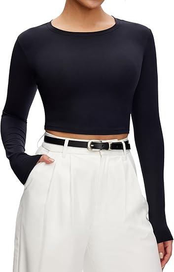  Cropped Long Sleeve T Shirts for Woman - Slim Fit Crew Neck Crop Tops, Basic Women's Cropped Tee Casual Wear Workout, Size XL