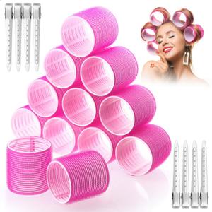 Jumbo Hair Curlers Rollers, 12Pcs 60mm Jumbo Hair Roller Curlers Self Grip Holding Rollers with 12Pcs Hair Clips for Long Straight Thick Hair (Rose Red)