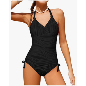 Girls One Piece Swimsuits Halter Strapless Bathing Suit for Girls Side Drawstring Ripple Girl Swimwear with Cover Up, 11-12Y