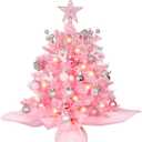 Wangchao Craft 20" Mini Pink Christmas Tree, Artificial Small Table Top Warm Lights, Star Treetop and Ornaments, Tabletop Christmas Tree for DIY Pink Christmas Decoration Gifts