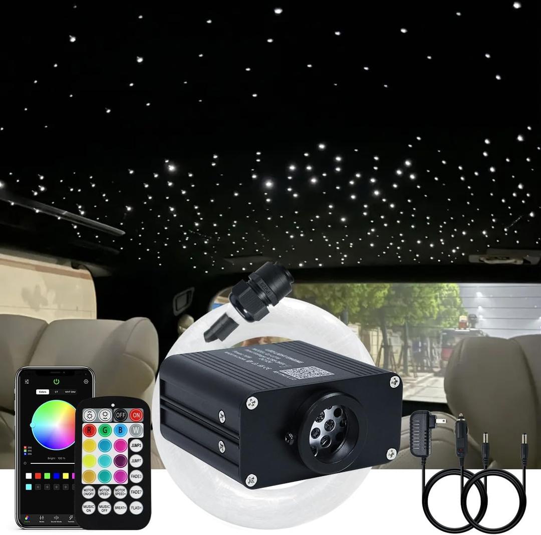 AKEPO 16W Small Size RGBW APP Twinkle Fiber Optic Light Kit, Mixed 295pcs 9.8ft/3m Optical Fiber Star Music Activated Ceiling Light Kit for Car Headliner Star/Home (295pcs of (0.03+0.04+0.06in)*9.8ft)