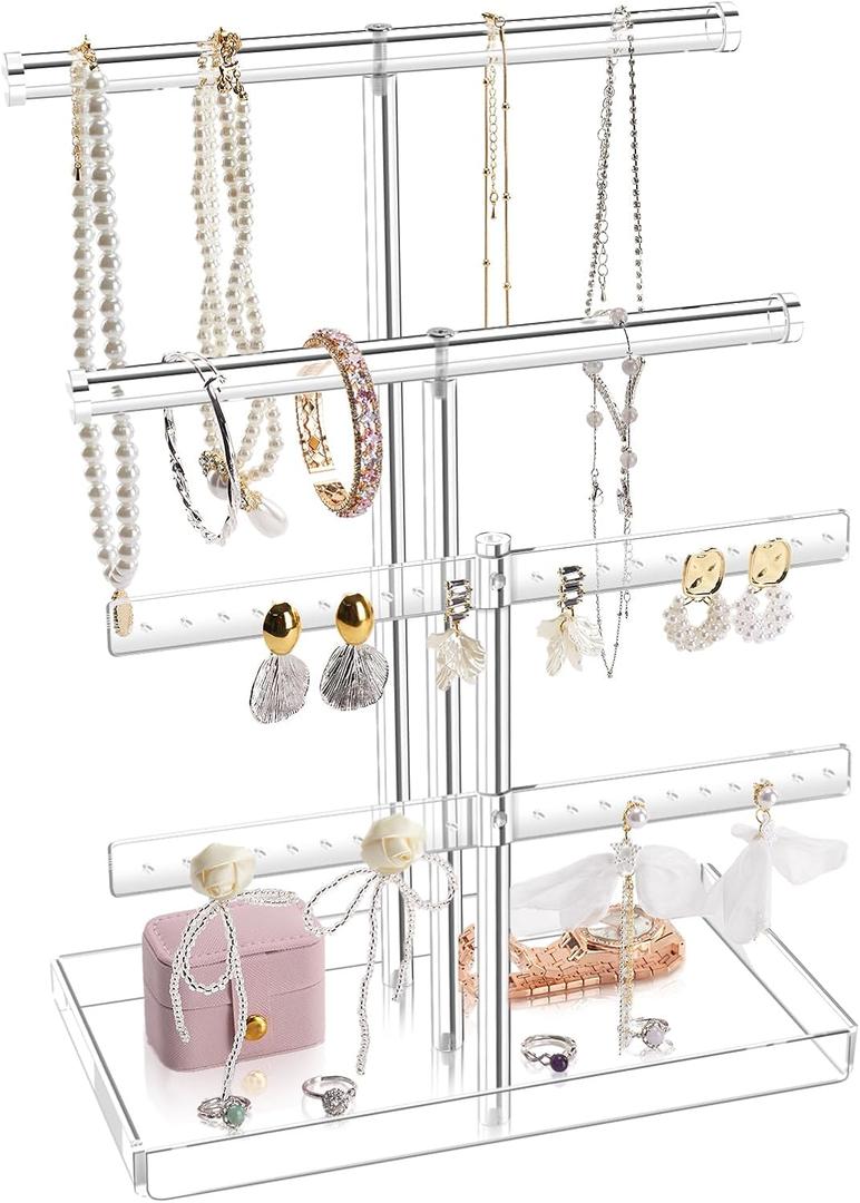 Acrylic Jewelry Display Stand 4-Tier Clear Jewelry Organizer, Necklace Bracelet Earring Watch Ring Jewelry Holder,Display Tower Tray Storage Gift for Women