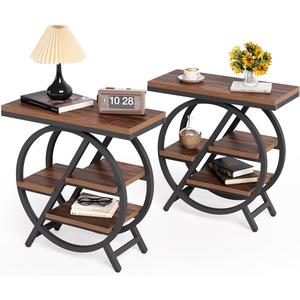 LITTLE TREE End Table, Set of 2 Narrow Side Table with 4-Tier Large Storage Space, Modern Bedside Table for Living Room, Home Office, Bedroom, Brown
