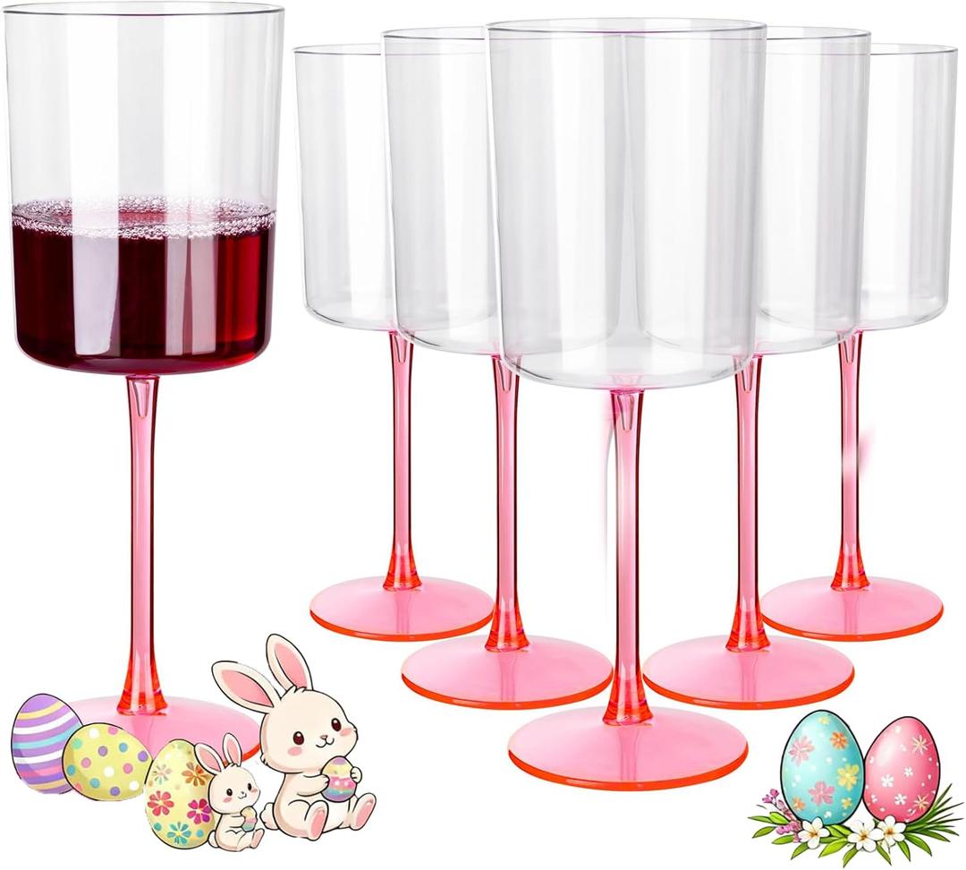 Ciaell 12 Pack 10 Oz Clear Plastic Wine Glasses with Pink Stem - Disposable Cocktail Goblets Perfect for Parties & Weddings & Poolside & Outdoors & Camping & Party & Easter