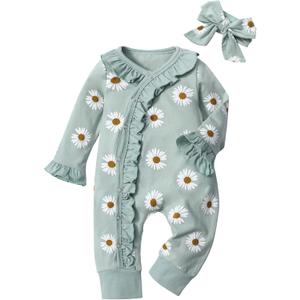 Infant Newborn Baby Girl Clothes Onesies for Baby Girl Long Sleeve Ruffle Baby Clothes with Headband (9-12 Months, Green Daisy) Infant Newborn Baby Girl Clothes Onesies for Baby Girl Long Sleeve Ruffle Baby Clothes with Headband (9-12 Months, Green Daisy)