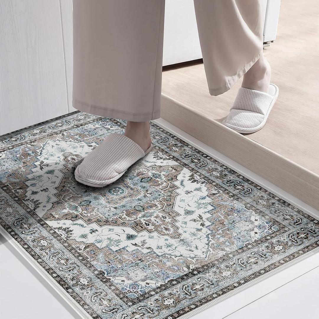 Washable Area Rug - 2x3 Small Entryway Rug Front Indoor Doormat, Vintage Distressed Entrance Thin Rug Non Slip Carpet for Kitchen Bathroom Bedroom (Beige & Taupe)