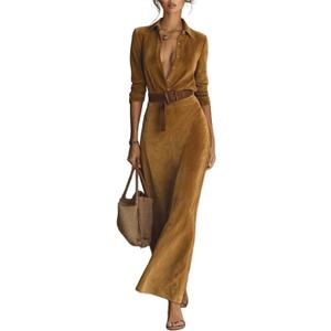 Western Shirt Dress for Women Long Sleeve Loose Corduroy Mini Dresses Casual Button Up Belt Classic Trendy Basics Pullover (Small, 7-light Brown)