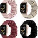 Recoppa Compatible for Apple Watch Band Scrunchie 38mm 40mm 41mm 42mm 44mm 45mm 46mm Cute Printed Elastic Solo Loop Bands Women Bracelet Strap for iWatch Series 10 9 8 7 6 5 4 3 2 1 SE, 4 Packs, Black/Pink/Milk Tea/Wine Red