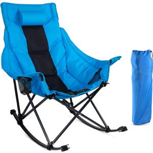 LEMBERI Outdoor Folding Rocking Camping Chair for Adults,Portable Oversized Heavy Duty Camping Rocker, Folding Lawn Chair for Outside Use with Cup Holder,Cooler Bag and Side Pocket (Blue)