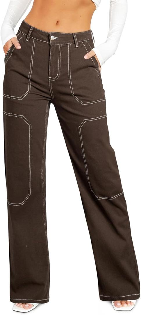 Sidefeel Women's Cargo Jeans Casual Loose Mid Rise Wide Leg Denim Pants 10