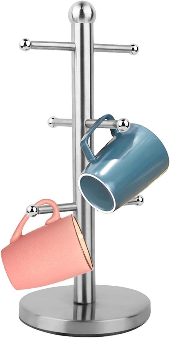 Cyrank Mug Holder, Mug Tree Coffee Cup Tree Coffee Cup Holder Stand Stainless Steel Countertop Mug Tree with 6 Hooks Metal Free Standing Mug Tree Tea Cup Storage Rack