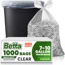 Betta 8-10 Gallon Medium Trash Bags, Clear, 1000 Count Box, (24x24-inch) Commercial Office Wastebasket Garbage Can Liners, 7-10 Gallon Round Cans, 6-8 Gallon Slim and Square Cans
