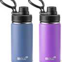 Kids Water Bottle 2 Pack 12 oz Stainless Steel Vacuum Insulated Water Bottle Wide Mouth Sports Flask with Leakproof Spout Lid (Royal Blue-Purple)