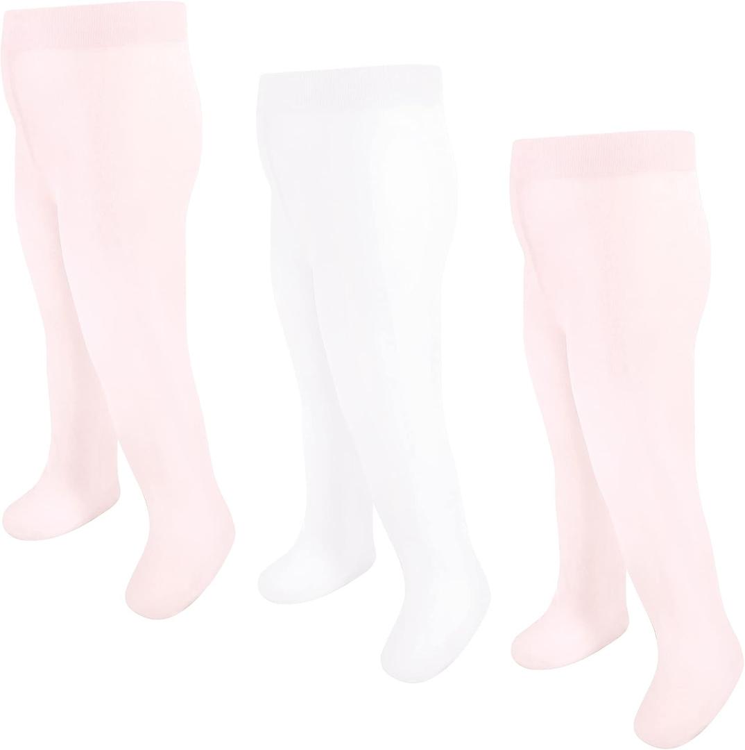 Luvable Friends Baby Girls' Nylon Tights, 3 Pack, Pink/ White, 9-18 Months