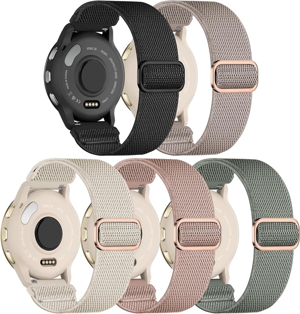 5 Pack Nylon Watch Bands Compatible with Garmin Venu 3S/Venu 4(41mm)/2S/Forerunner 265S 42mm,18mm Soft Stretchy Sport Strap for Garmin Vivoactive 4S 40mm/Forerunner 255S 41mm Women Men (black/rose pink/cactus/starlight/stone)