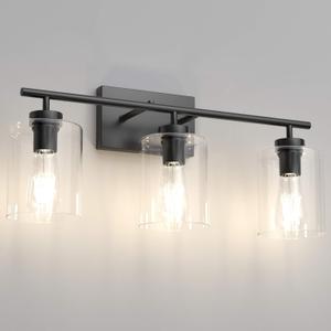 Aipsun 3 Lights Black Vanity Light Fixtures Over Mirror with Clear Glass Shades Industrial Wall Light Fixture for Bathroom(Exclude Bulb) (24.4 inch)
