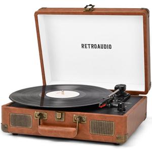 Vinyl Record Player 3Speed Bluetooth Portable Suitcase Records Player with 2 Builtin Stereo Speakers, BeltDriven Turntable for Vinyl Records, Support RCA Line Out, AUX Out (Brown)