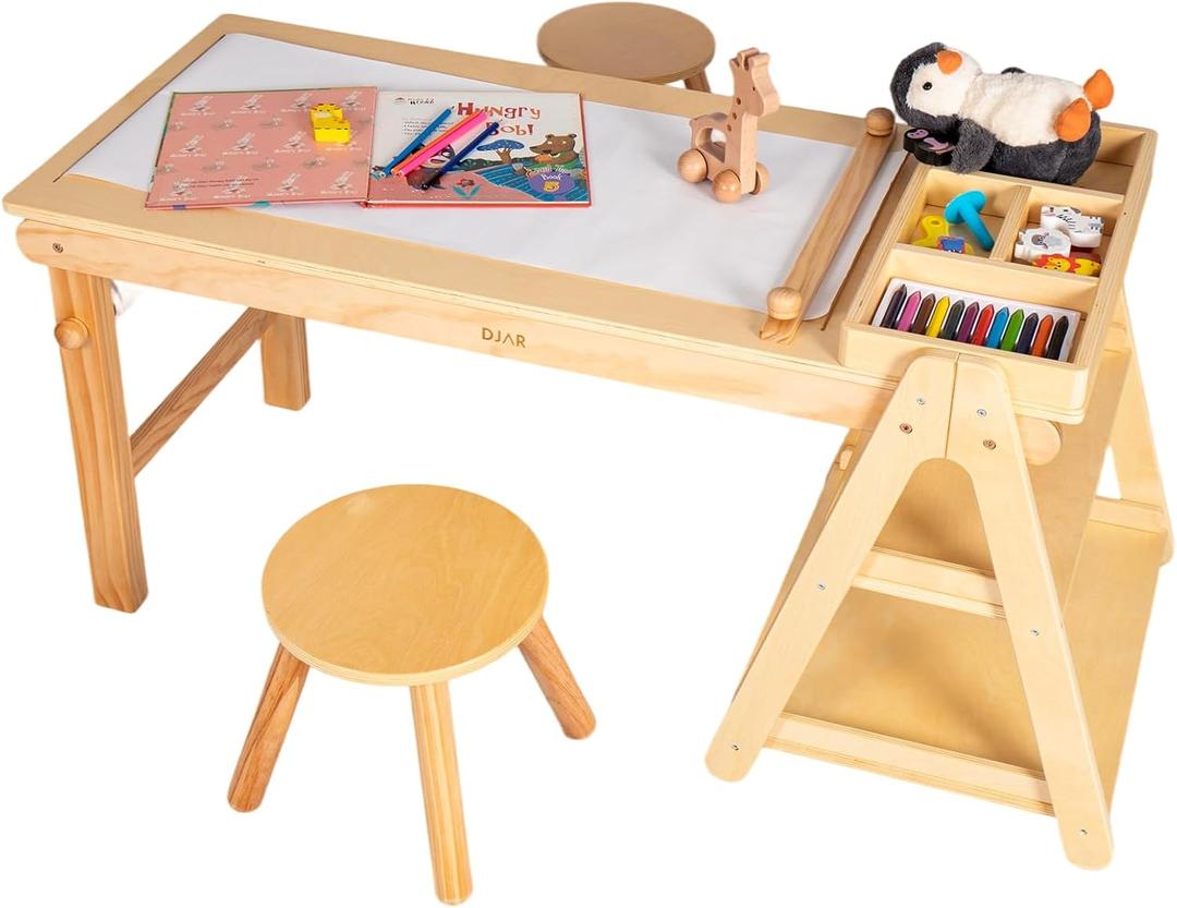DJAR Kids Wooden Activity Art Table and 2 Chairs Set, Paper Roll Storage