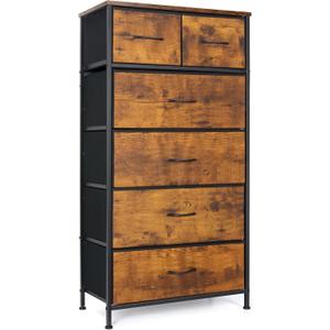 Mifuro Tall Dresser for Bedroom, Vertical Storage Organizer Tower with 6 Drawers, Chest of Drawers with Fabric Bins, Steel Frame, Wood Top for Bedroom, Closet, Entryway- Rustic Brown