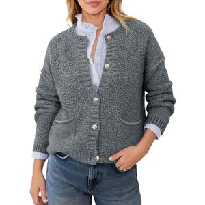 Saodimallsu Women's Chunky Knit Cardigan Button Down Crewneck Long Sleeve Cropped Sweater with Pockets (L)