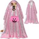 Sunnymove Halloween Ghost Dog Costume for Dogs Ghost Costumes Sets with Felt Pumpkin Bucket 47 x 31 Inches Halloween Large Dog Disco Clothe Pumpkin Trick or Treat Bags (Pink) L