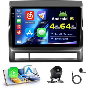 4G+64G Car Radio for Toyota Tacoma 2005-2015, 9'' Incell Full Touchscreen Stereo Android 15 Wireless CarPlay Android Auto Bluetooth 5G WiFi EQ FM RDS GPS WiFi SWC AHD Backup Camera
