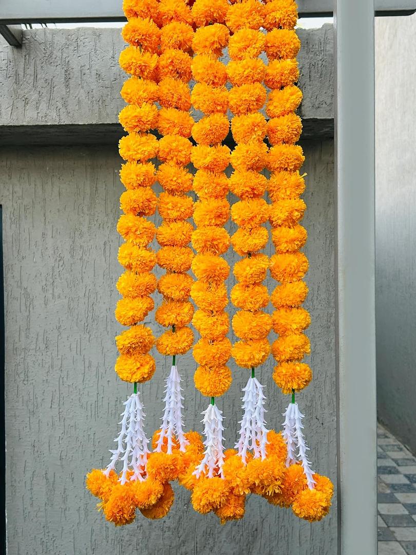 THE ART BOX Mango Yellow Marigold Garland Pack of 5 Pcs - 5 Feet Each Diwali Decorations Indian Wedding Decoration Artificial Fake Strand Flower Garland Christmas Backdrop Decor