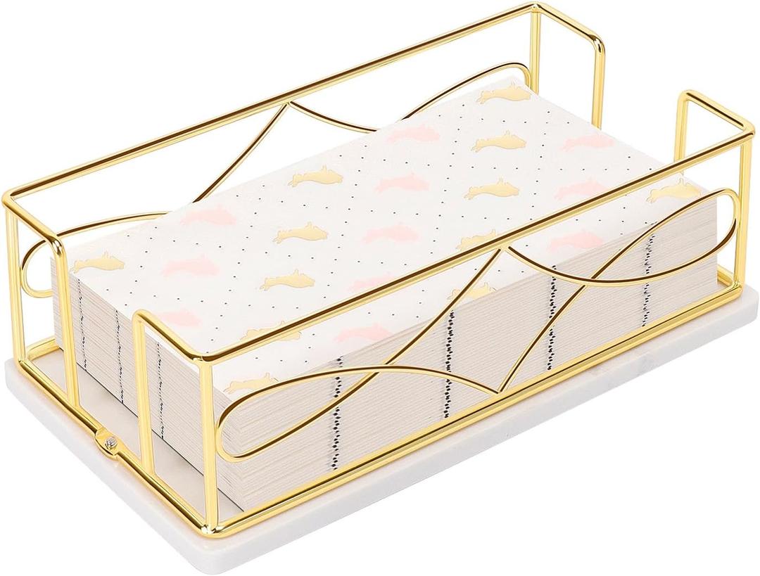 Napkin Holder with Marble Base, Guest Towel Paper Dispenser for Table, Modern Metal Napkin Stand, Ideal for All Bathroom Vanity, Kitchen Decor Accessories (Gold, 3.2 Inch)
