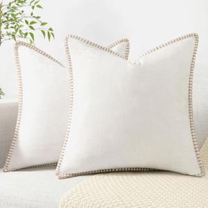 decorUhome Chenille Soft Throw Pillow Covers 18x18 Set of 2, Farmhouse Velvet Neutral Decorative Pillow Covers with Stitched Edge for Couch Sofa Bed Home Decor, Cream White