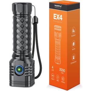 WdtPro Metal Flahlight High Lumens, Rechargeable Flashlights 4 LEDs Waterproof, Super Bright Flash Light for Camping Hiking Outdoor Home Emergency, Camping Essentials Gear (1 Pack, Black)