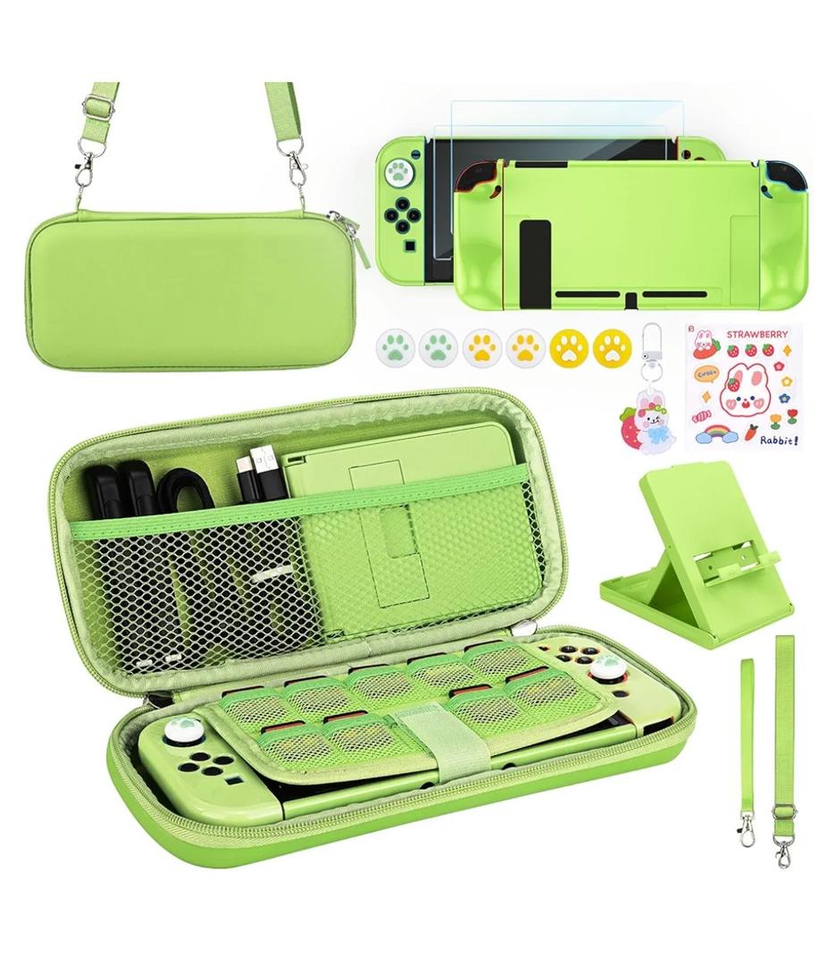 Younik Switch Accessories Bundle, 17 in 1 Green Switch Accessories Kit for Girls Include Switch Carrying Case, Adjustable Stand, Protective Case for Switch Console & JCon