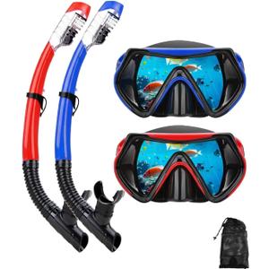 Snorkeling Gear for Adults, Dry Snorkel Mask Set, Scuba Diving Snorkle mask Set Adult, Panoramic Wide View Anti-Fog Dive mask, Swimming Diving Snorkeling Packages (Blue+Red, 2 Set)