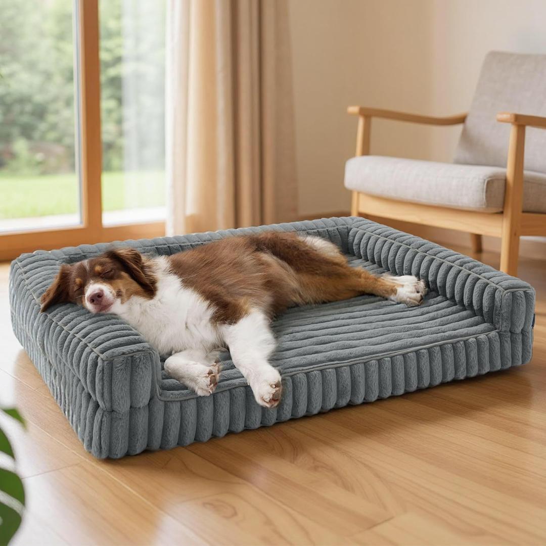 Bedsure ComfyFleece Orthopedic Dog Beds Large Sized Dog, Waterproof Memory Foam Pet Couch Sofa with Sides, Non-Slip Bottom and Egg-Crate Foam Large Pet Bed with Washable Corduroy Cover, Grey (35.0"l X 25.0"w X 7"th)