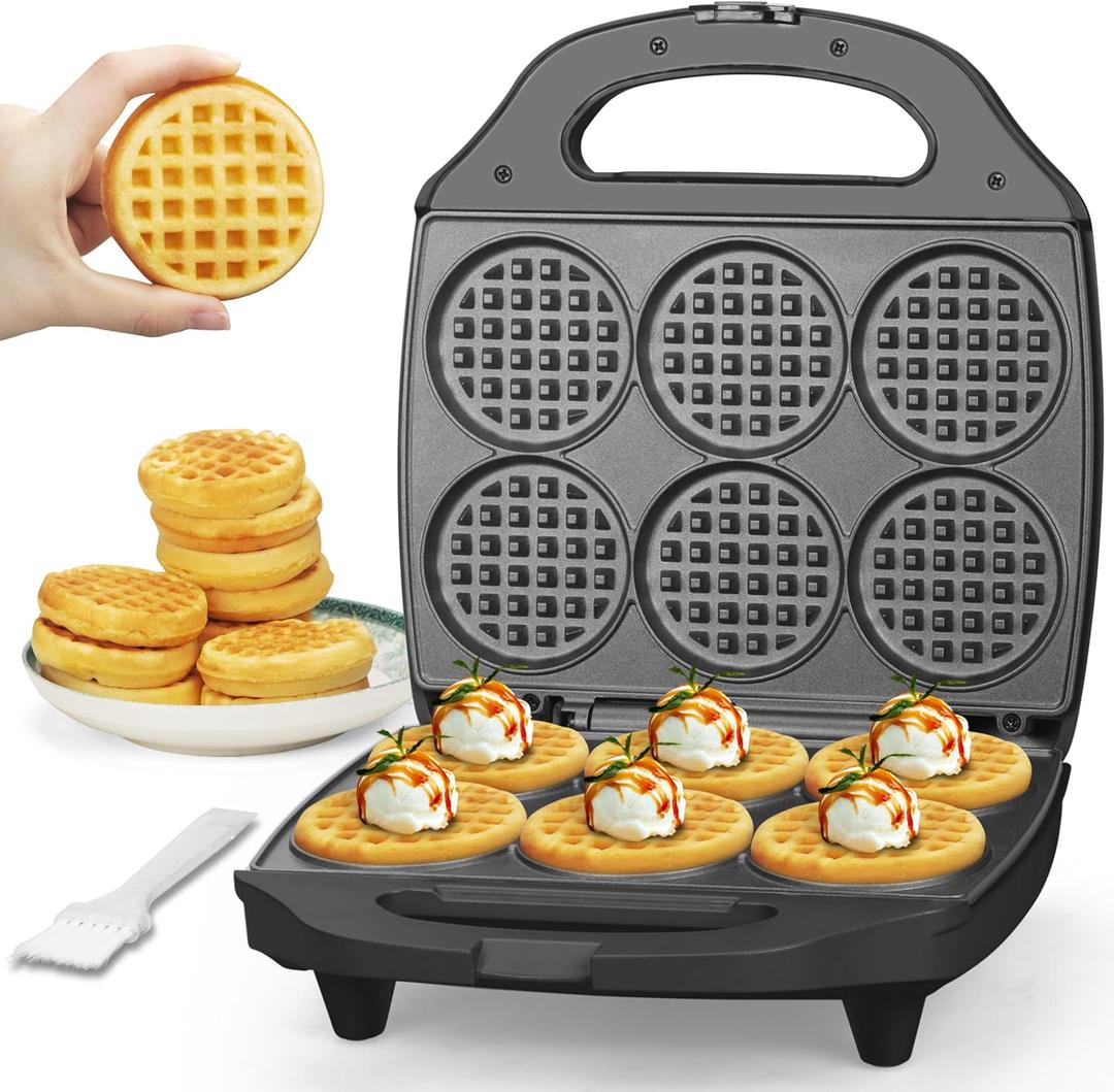 Baker's Friend Multi Mini Waffle Maker Machine, 6 x 3'' Small Waffle Iron, Perfect for Families and Individuals Use, Excellent Choice for Breakfast Brunch Parties & Events, Graphite