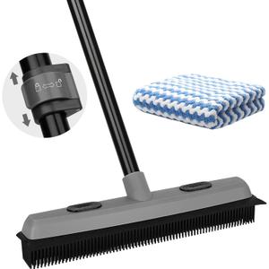 Pet Hair Removal Rubber Broom with Squeegee, Carpet Rake for Pet Hair with 59" Telescoping Long Handle, Fur Remover Rake for Carpet, Hardwood Floor, Tile (Gray Rubber Broom)