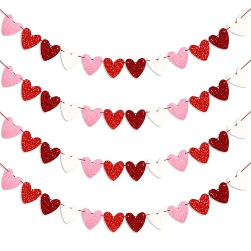 48 PCS Glittery Heart Garland Banner Valentines Day Decorations,Pre-Strung Burgundy Red Pink White Paper Heart Banners Sign for Galentines Anniversary Wedding Engagement Home Party Supplies