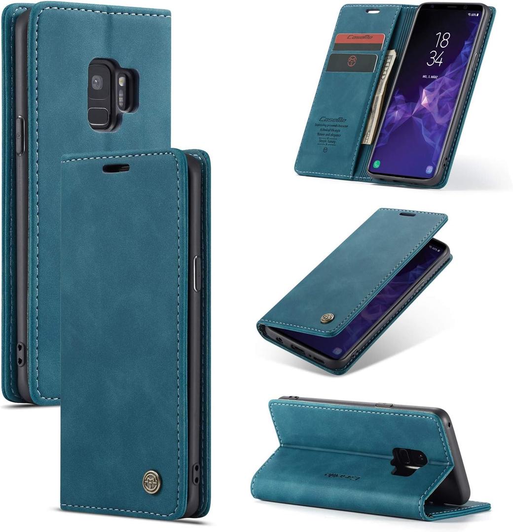 UEEBAI Wallet Case for Samsung Galaxy S9, Premium PU Leather Case Vintage Matte Wallet Flip Cover [Card Slots] [Magnetic Closure] Stand Function Folio Shockproof Full Protection for Galaxy S9 - Blue